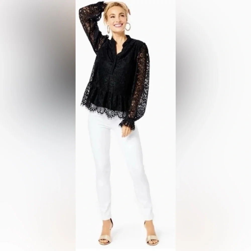 Lilly Pulitzer Blouse Black Lace Jacelynne Peplum Ruffle Hem SZ XL Plus Size - Picture 2 of 13
